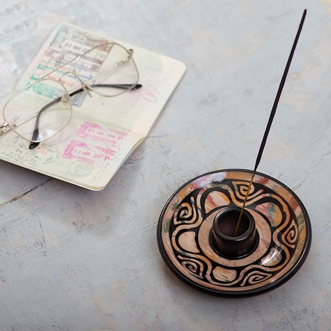 NOVICA Artisan Handmade Ceramic Incense Holder Round Warm Hues Black Multicolor Peru 'Vics Spirit'