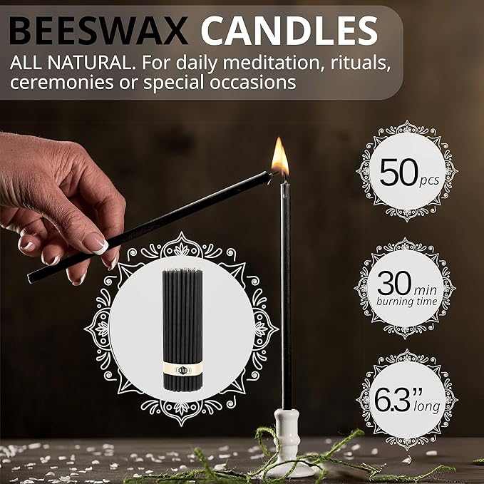 Danilovo Smudging Kit – 5 Palo Santo Sticks, 1 White Sage Smudge Stick and 50 pcs Beeswax Taper Candles Set for Meditation, Cleansing, and Spiritual Practices, Handcrafted, Eco-Friendly