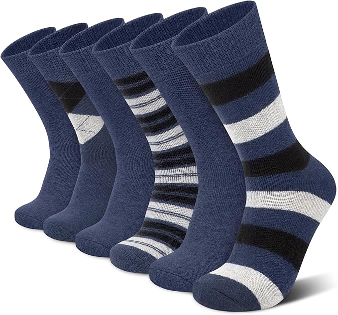 6 Pairs Merino Wool Socks for Men Thick Warm Thermal Winter Striped Dress Hiking Crew Men Socks Size 9-14
