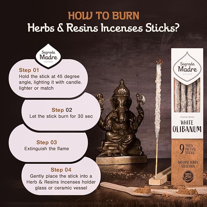 9 pcs Wildly Harvested - White Olibanum/Frankincense Incense Sticks, 7" Long - Thick Aromatic Incense Sticks (45-55 min Burning Time) to Neutralize Negative Energies & Harmonizing Space