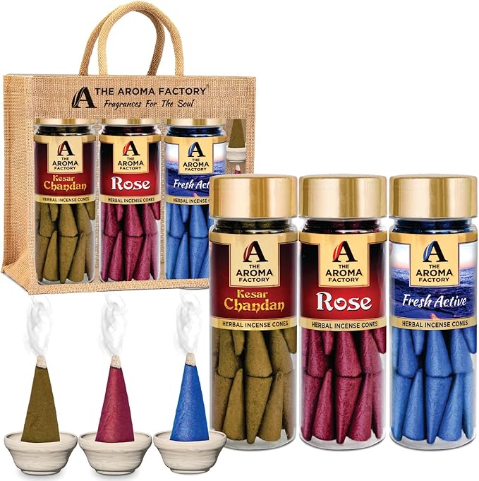 The Aroma Factory Organic Dhoop Cones | Kesar Chandan, Rose & Fresh Active Incense Cones |No Charcoal, Scented Incense | 3x30 Cones, Pack of 3 Jute Bag Giftset