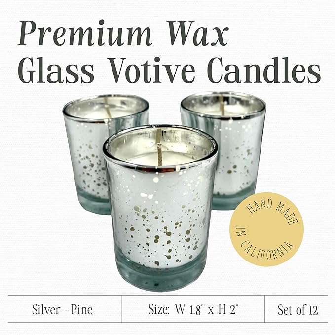 Mister Candle Pine Scented Holiday Votives Candles, Scented in Mini Artisan Silver Jars, Christmas Candles with Essential Oils Made in USA, 15 Hr Burn Time, (Mistletoe, Set of 12)