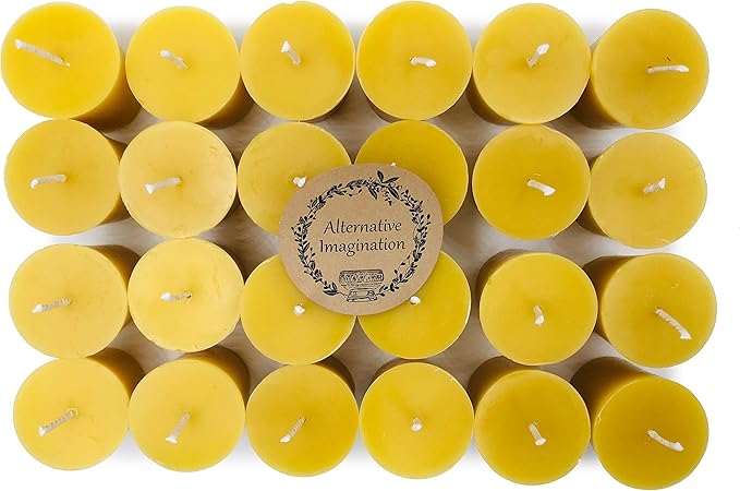 24 Pack of Beeswax Votive Candles - 100% Pure, Natural Beeswax with Natural Light Honey Scent - 15 Hour Burn - Alternative Imagination