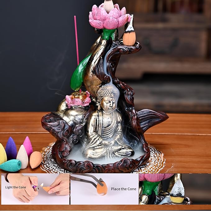 Waterfall Incense Burner, River Incense Holder, Meditation Decor with Upgrade Incense Cones and Accessories (Lotus Hand)