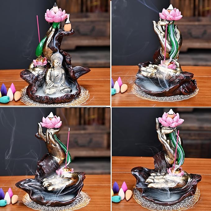 Waterfall Incense Burner, River Incense Holder, Meditation Decor with Upgrade Incense Cones and Accessories (Lotus Hand)