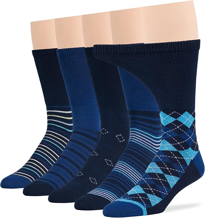 7BigStars Kingdom Men's Diabetic Loose Dress Fashion Crew Socks - 5 Pack Large - Argyle, Stripe, Geometric Pattern - Sock Size 10-13 Shoe Size 9-12 L Navy Blue, Denim Blue