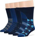 7BIGSTARS KINGDOM Men's Diabetic Loose Dress Fashion Crew Socks - 5 Pack Big Tall - Argyle, Stripe, Geometric Pattern - Sock Size 13-15 Shoe Size 12-15 XL Navy Blue, Denim Blue