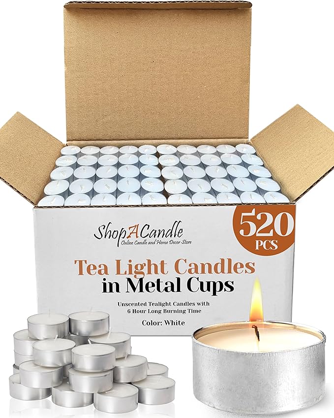 Tea Light Candles in Metal Cups - 6 Hours Clean, Long Burning White Unscented - 520 Candles - Bulk for Romantic Dinner, Wedding, Spa & Hotels by PARNOO