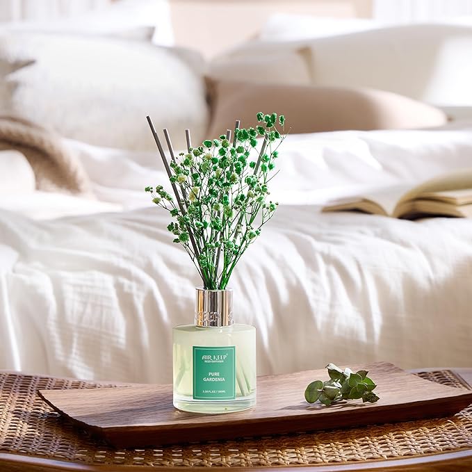 Airkeep Reed Diffuser Set,3.38 fl oz (100 ml) - Pure Gardenia Oil Diffusers with 8 Reed Sticks, Home Fragrance Reed Diffuser for Bathroom Shelf Decor