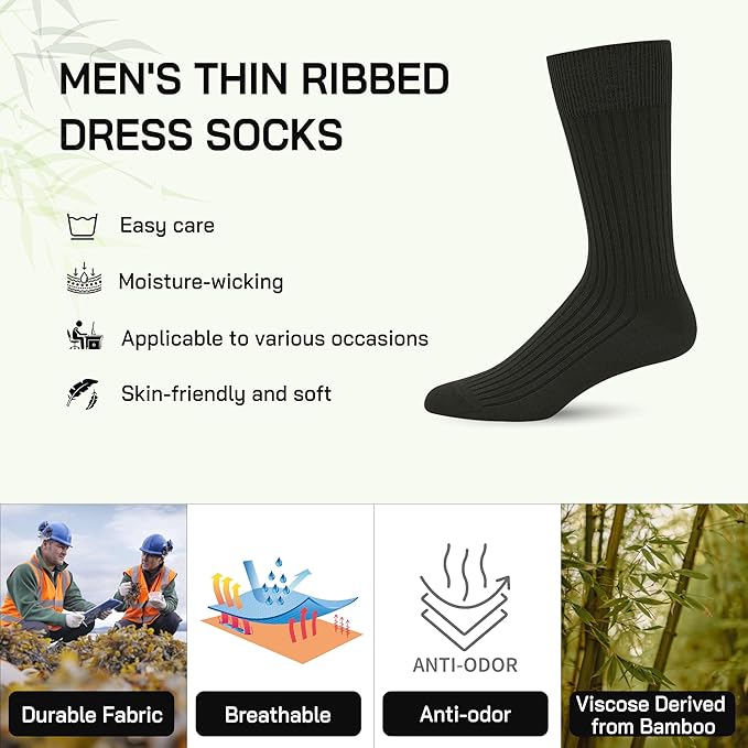 SERISIMPLE Men's Dress Socks - Bamboo Viscose Thin Ribbed Knit, Silky & Soft, Lightweight Business Crew Socks 5 Pairs