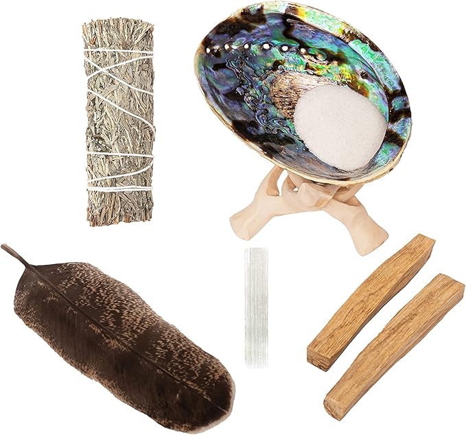 Sage Kit - Blue Sage Smudge Stick ~ Abalone Shell for Smudging ~ Palo Santo Sticks ~ 2 inchTripod Stand ~ 8 inch Feather and White Sand
