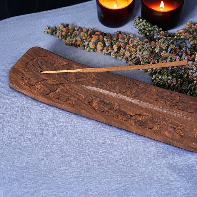 S.B ARTS Wooden Incense Holder with Floral Design - Ash Catcher, Zen Incense Burner Tray - Home Decor Gift Accessories - Yoga Meditation Stand (10 Inches Long)