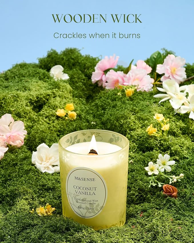 M&SENSE Coconut Vanilla Scented Candle, Wooden Wick Candles with Lid, 100 Hours Long Burning No Toxin Natural Soy Wax 18oz, Relax Stress Relief Sleep Home Fragrance,Housewarming Gifts for Her Him