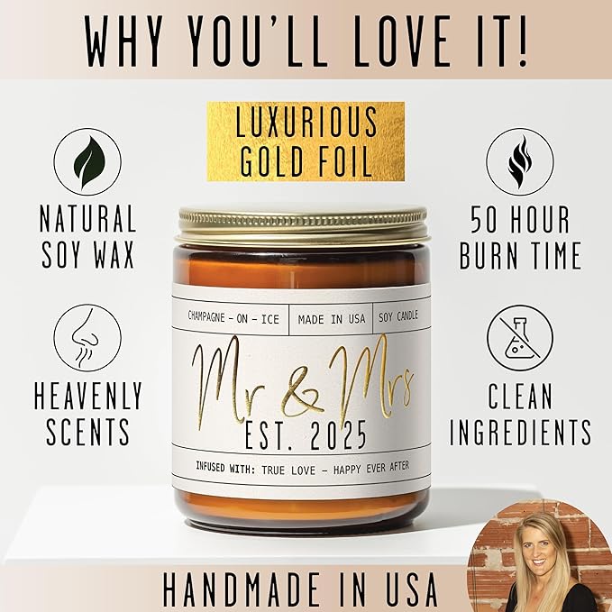 Wedding Gifts for Couples 2025, Bridal Shower Gifts from Bride - 'Mr & Mrs Est. 2025 Candle, w/Champagne on Ice I Wedding Shower for Newlyweds I 50Hr Burn, USA Made