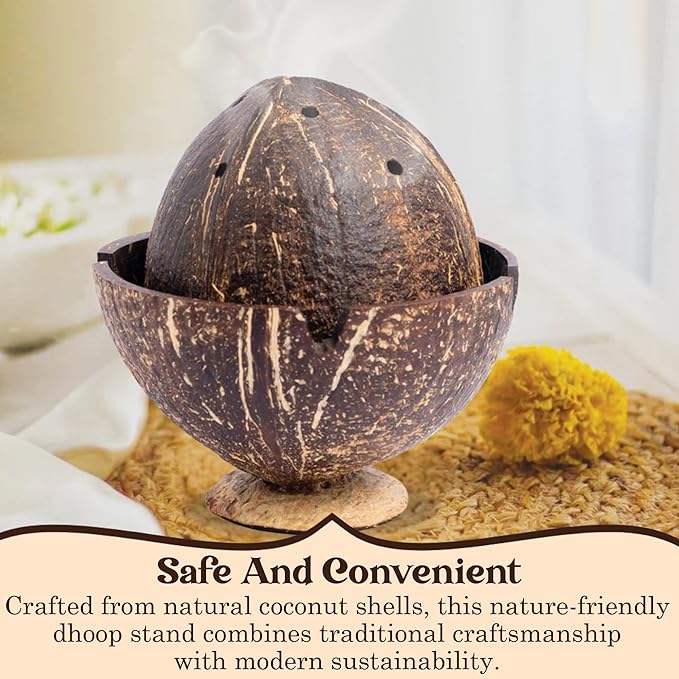 Handmade Coconut Shell DHOOP Stand – Eco-Friendly Natural Incense Holder Charcoal/Cone Burner, Sage Stand, Palo Santo Holder, Ash Catcher for Aromatherapy, Meditation, Yoga, Spiritual