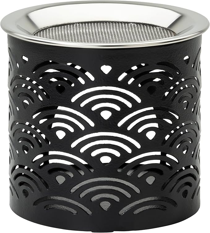 Handcrafted Black Iron Incense Burner - Height 2.36 inch with Exchangeable Stainless Steel Incense Sieve for Safe Burning with Tealight - Aromatic Censer and Essential Oils Holder