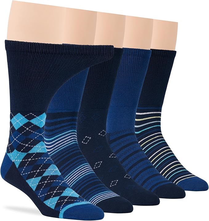7BIGSTARS KINGDOM Men's Diabetic Loose Dress Fashion Crew Socks - 5 Pack Big Tall - Argyle, Stripe, Geometric Pattern - Sock Size 13-15 Shoe Size 12-15 XL Navy Blue, Denim Blue