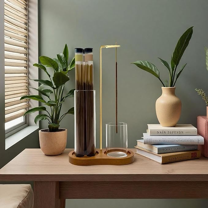 Glass Incense Holder, Incense Sticks Burner Holder with Storage,Hang Upside Down Incense Holder for Sticks with Glass Ash Catcher for Meditation Yoga Spa Room Decor (Retro Color)