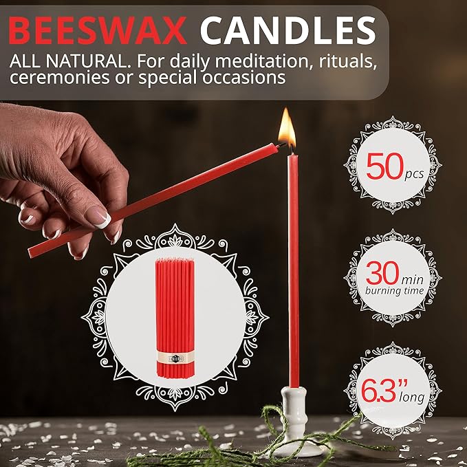 Danilovo Smudging Kit – 5 Palo Santo Sticks, 1 White Sage Smudge Stick, 50 Beeswax Taper Candles & Ceramic Candle Holder Set for Meditation, Cleansing, and Spiritual Practices