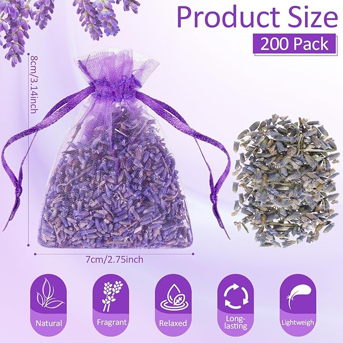 Reginary 200 Pack Lavender Sachets Bags Bulk for Drawers and Closets Home Fragrance Sachet Dried Lavender Flower for Wedding Bridal Shower Favors