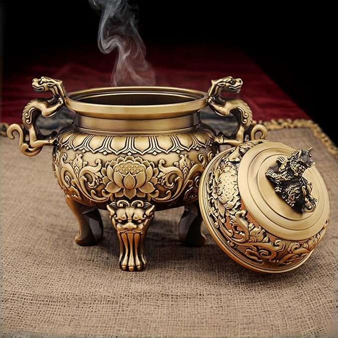 Chinese Solid Brass Incense Burner with Lion Lid - Handmade 670g Feng Shui Censer, 5.5 Inch Wide Mouth Brass Incense Burner for Zen Meditation Altar Decor, Gift Idea