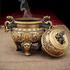 Chinese Solid Brass Incense Burner with Lion Lid - Handmade 670g Feng Shui Censer, 5.5 Inch Wide Mouth Brass Incense Burner for Zen Meditation Altar Decor, Gift Idea