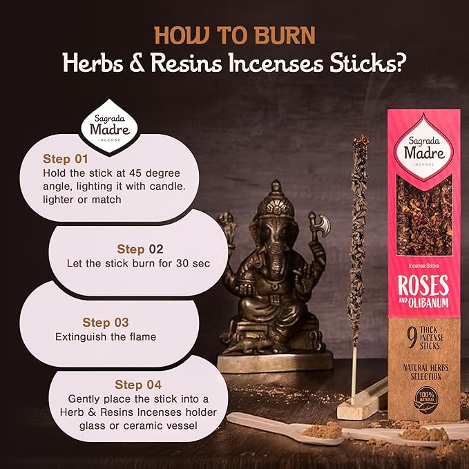 9 pcs Wildly Harvested - Rose & Olibanum/Frankincense Incense Sticks, 7" Long - Thick Aromatic Incense Sticks (45-55 min Burning Time) to Neutralize Negative Energies & Harmonizing Space