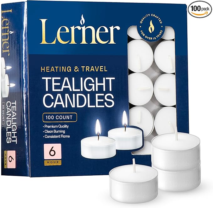 Lerner Tealight Candles, 100 Count| 6 Hours Long-Burning White Tea Light Candles| Non-Toxic, Smokeless & Soot-Free Tea Light Warmer Candles | Unscented Party, Décor, Shabbat Tea Candles