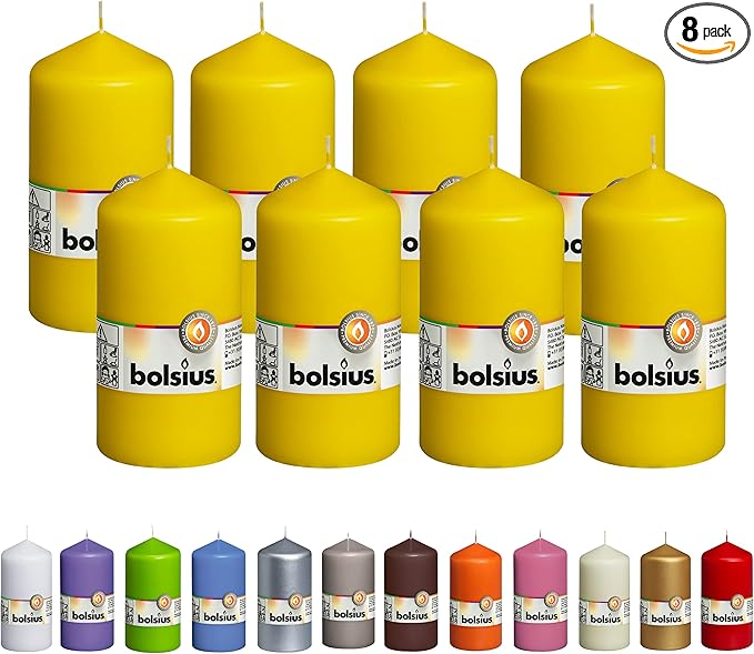 BOLSIUS 8 Yellow Pillar Candles - 2.75 x 5 Inches - Premium European Quality - Individually Wrapped - 43 Hours Burn Time - Dripless & Smokeless - Unscented Dinner, Wedding, Party, & Restaurant Candles