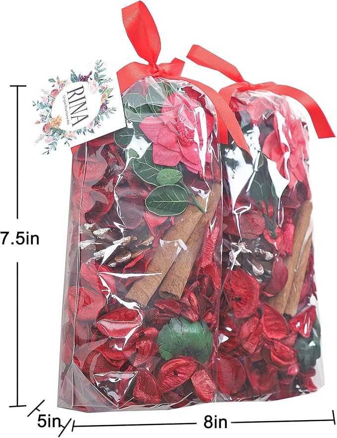 Qingbei Rina Potpourri Bags,Cinnamon Scented Red Potpourri Bowl Filler, Dried Flowers Home Fragrance Sachet of Petal,Vase Filler Decor,8.4 oz(Red)