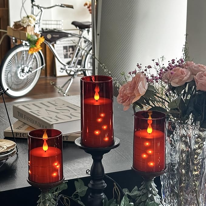 Flashing Flameless Candles with String Light, Battery Powered Candle, Recessed String LED Candle, Indestructible Plexiglass Candles with Remote Control, 3 Piece Set, Red