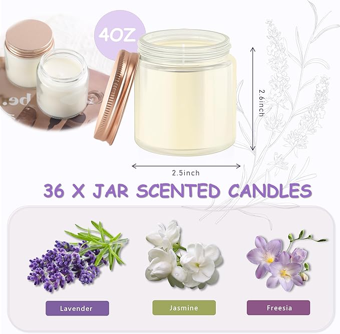 ACITHGL 36 Pcs 4oz Mini Mason Jar Candles Small Scented Candles Bulk Aromatherapy Ideal Souvenir Favors for Wedding Birthday Party (Freesia, Lavender, Jasmine, Pink)