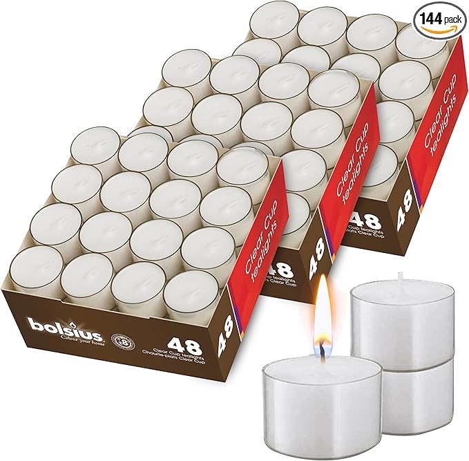 BOLSIUS Tea Light Candles in Clear Cups - 3 Packs = Total 144 Candles - 8 Hours - Premium European Quality - Consistent Smokeless Flame - Unscented Tealights