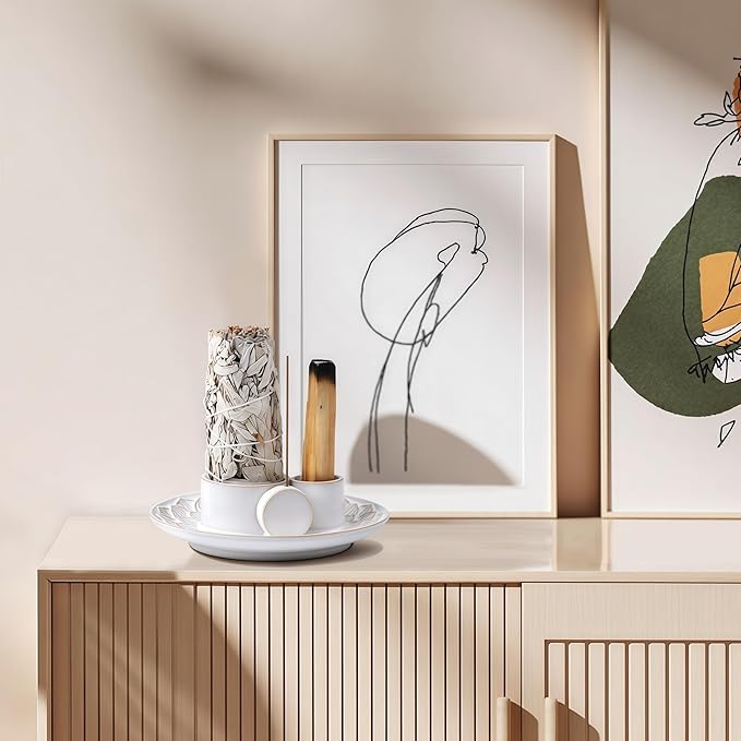 4 in 1 Incense Holder, Ceramic Incense Stick and Palo Santo Holder,Sage Holder for Burning- 5.5" Ceramic Ash Catcher Tray for Meditation and Yoga Room (White)