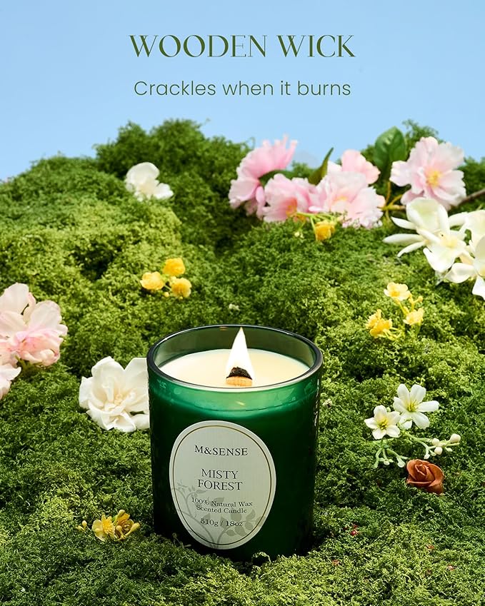 M&SENSE Eucalytus Pine Strong Scented Candle, Wooden Wick Candle, 100 Hours Slow Burning No Toxin Natural Soy Wax 18oz, Relax Aromatherapy Home Fragrance,Housewarming Gifts for Men Women