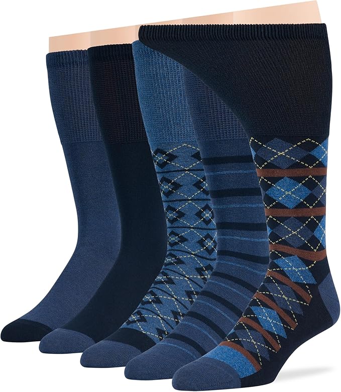 7BigStars Men Diabetic Loose Dress Business Cotton Mid Calf Socks - 5 Pack Large - Geometric, Argyle, Stripe - Sock Size 10-13 Shoe Size 9-12 L Dark Navy, Denim Blue