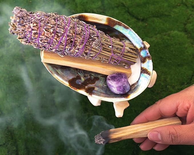 Spiritual Items - Lavender Flower Smudge Stick ~ Abalone Shell for Smudging ~ Palo Santo Sticks ~ 2 in Tripod Stand ~ 8-9 in Feather and White Sand