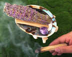 Spiritual Items - Lavender Flower Smudge Stick ~ Abalone Shell for Smudging ~ Palo Santo Sticks ~ 2 in Tripod Stand ~ 8-9 in Feather and White Sand