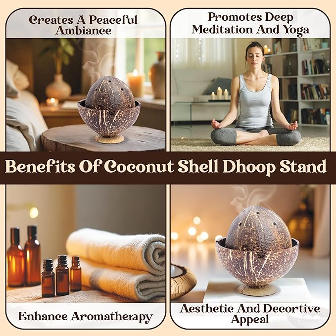 Handmade Coconut Shell DHOOP Stand – Eco-Friendly Natural Incense Holder Charcoal/Cone Burner, Sage Stand, Palo Santo Holder, Ash Catcher for Aromatherapy, Meditation, Yoga, Spiritual