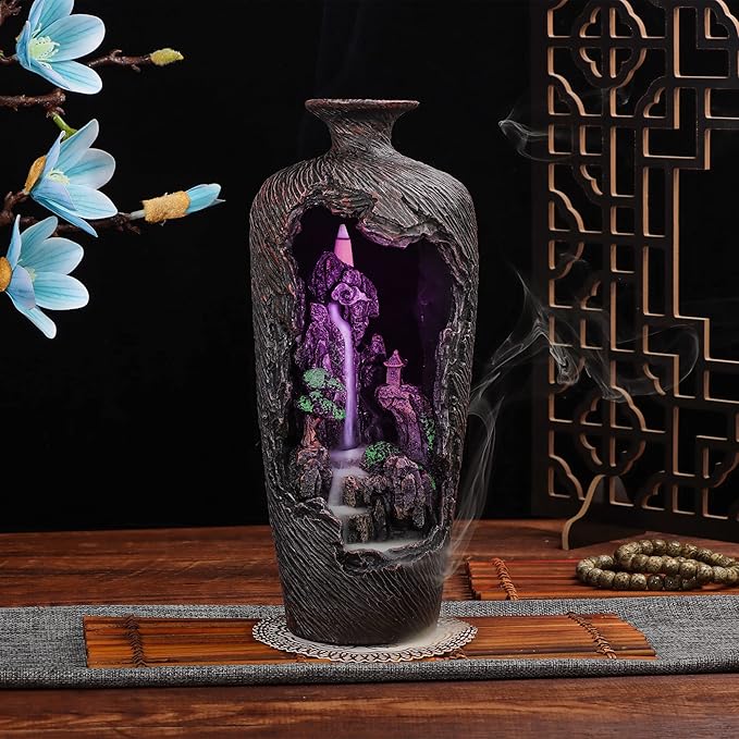 Mountain Waterfall Incense Burner Backflow Incense Burner Incense Fountain Smoke Waterfall with 20 Backflow Incense Cones，Tweezer，Mat (Vase Shape)