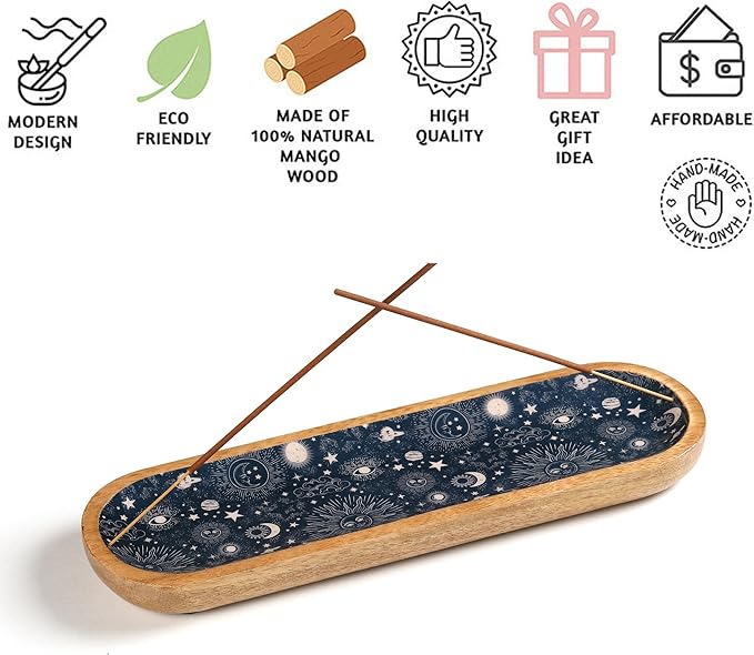 Folkulture Incense Holder for Sticks or Incense Burner Holder, Modern Insence-Stick Holder or Ash Catcher for Home Décor, Wooden Inscents-Holders, Mango Wood Trough, Cosmic