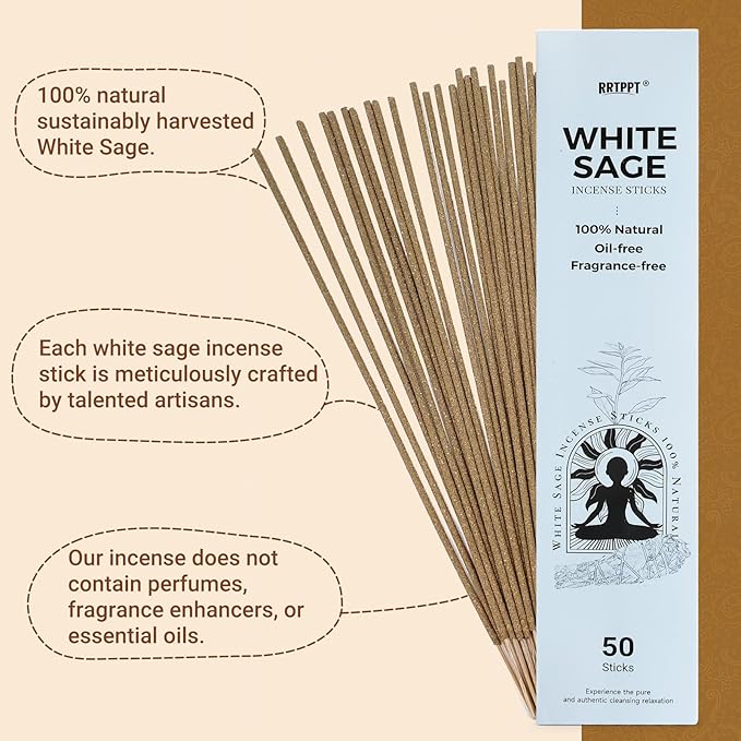 White Sage Incense Sticks (50 Sticks), 100% Natural sustainably harvested White Sage, Suitable for Yoga, Meditation, Relaxation, and Spiritual Purification