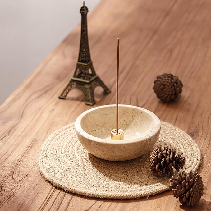 WORHE Travertine Incense Holder, Natural Marble Incense Holder for Sticks with 9 Incense Holes, Handmade Incense Stick Burner Reflux Burner Ideal for Meditation Yoga Spa Room Decor Beige (WH085)