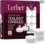 Lerner Tealight Candles in Clear Cups, 50 Count| 6 Hours Long-Burning White Tea Light Candles| Non-Toxic, Smokeless & Soot-Free Tea Light Warmer Candles | Unscented Party, Décor, Shabbat Tea Candles