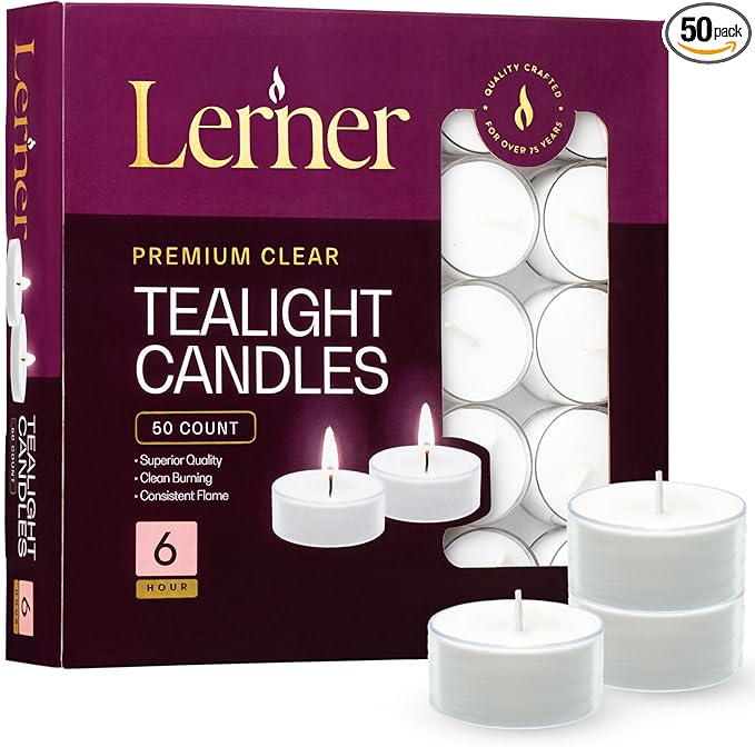 Lerner Tealight Candles in Clear Cups, 50 Count| 6 Hours Long-Burning White Tea Light Candles| Non-Toxic, Smokeless & Soot-Free Tea Light Warmer Candles | Unscented Party, Décor, Shabbat Tea Candles