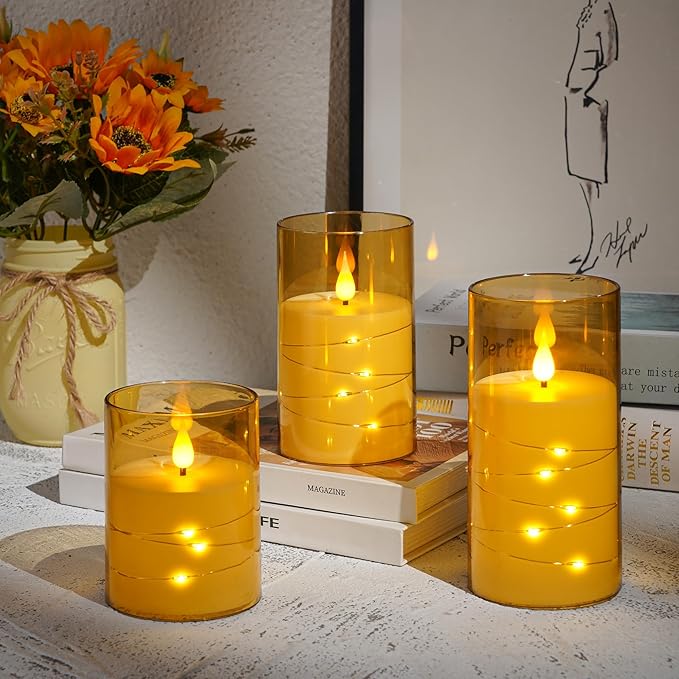 Flashing Flameless Candles with String Light, Battery Powered Candle, Recessed String LED Candles, Indestructible Plexiglass Candle with Remote Control, Set of 3, Amber