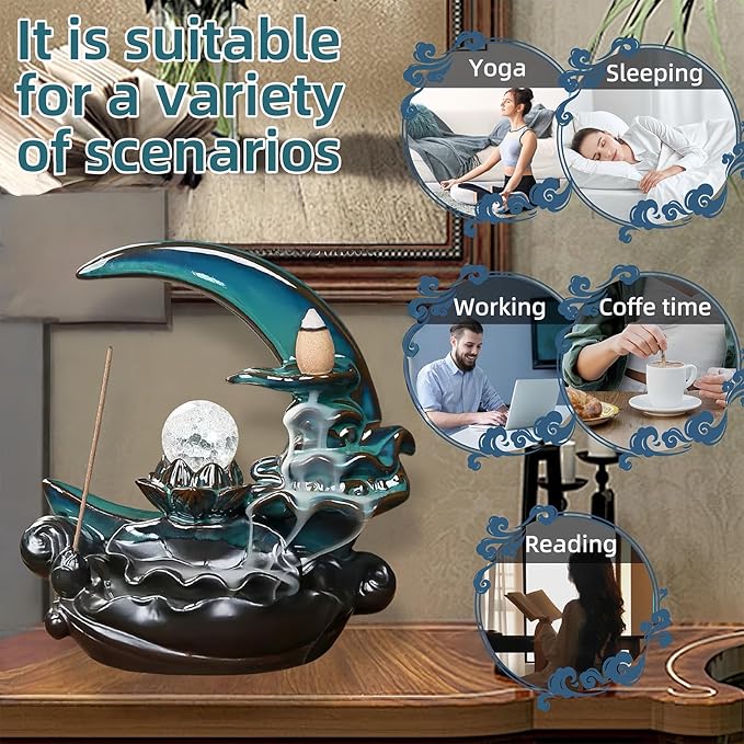 Moon Backflow Incense Burner,Ceramic Incense Cone Holder, Incense Waterfall Fountain,Backflow Incense Holder with 60 Backflow Incense Cones and 40 Incense Sticks