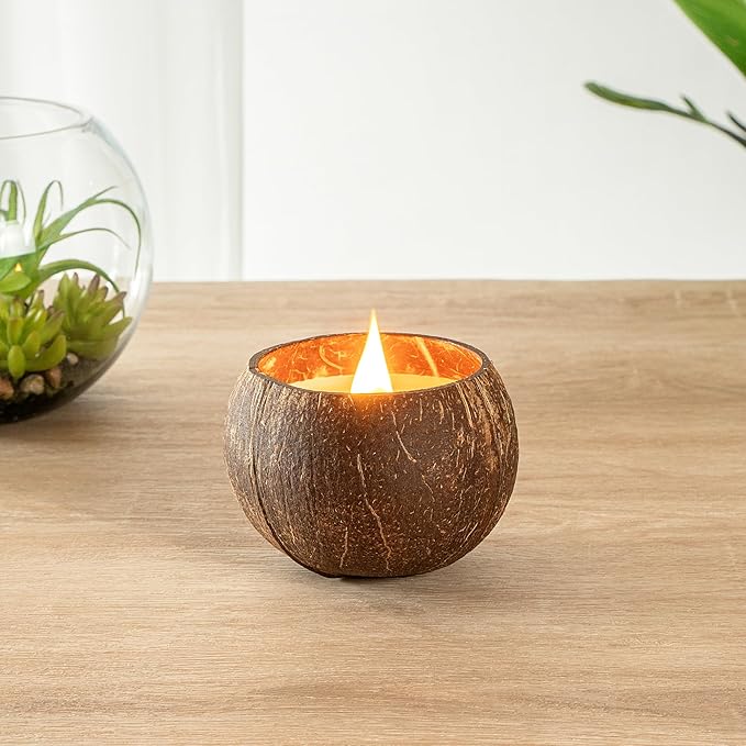 Restaurantware-Coco Casa 3.9 x 2.8 Inch Coconut Shell Candle, 1 Hand Poured Coconut Bowl Candle - Sandalwood and Shea Fragrance, Double Wax Blend, Soy Wax Scented, Wooden Wick
