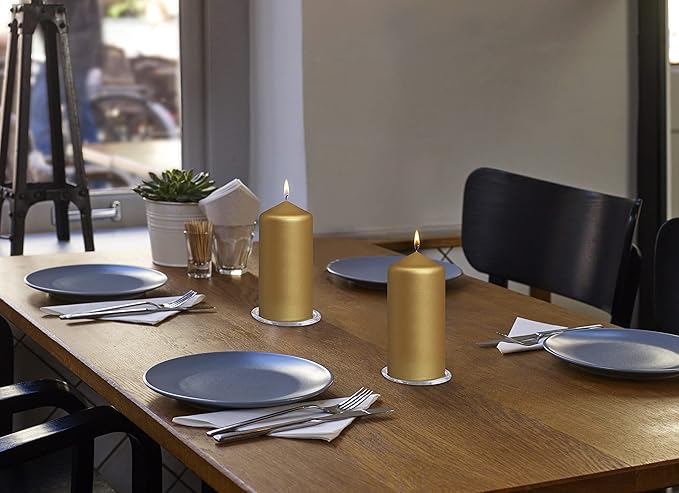 BOLSIUS 8 Gold Pillar Candles Metallic - 2.75 x 5 Inches - Premium European Quality - Individually Wrapped - 43 Hours Burn Time - Dripless & Smokeless - Unscented Dinner, Wedding & Home Decor Candles