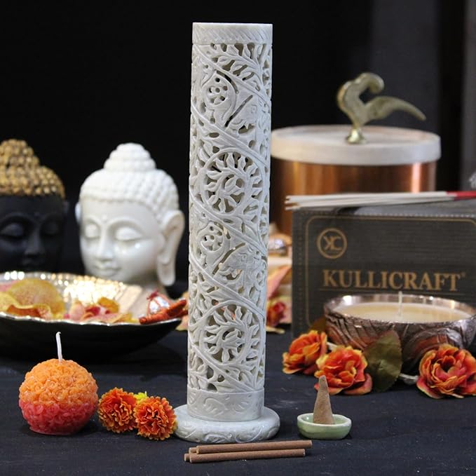 Carry Me Marble Soapstone Incense Stick Holder | Candle Burner | Tea Light Holder - Perfect Handmade Elephant Carving for Gifting. Decorative Home and Office Decor.(3 x 3 x 11 Inches)